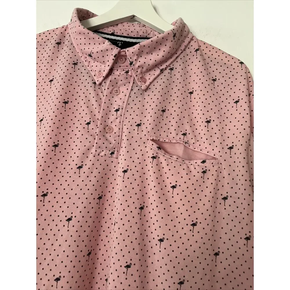 Reset Polo Shirt Mens XXL Short Sleeve Stretch Knit Novelty Print Pink Flamingos